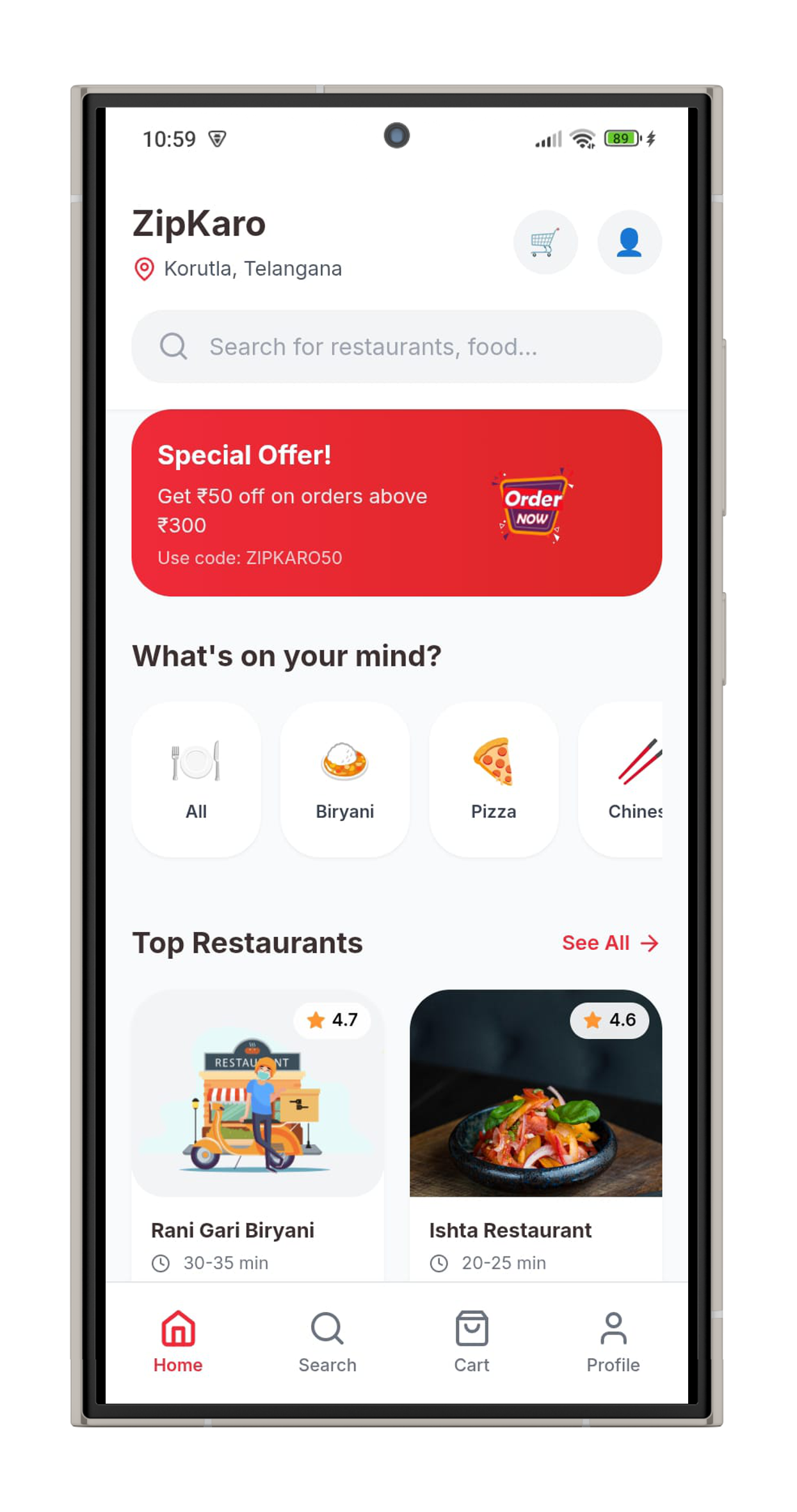 ZipKaro Korutla Food Delivery App Home Screen - Browse Restaurants