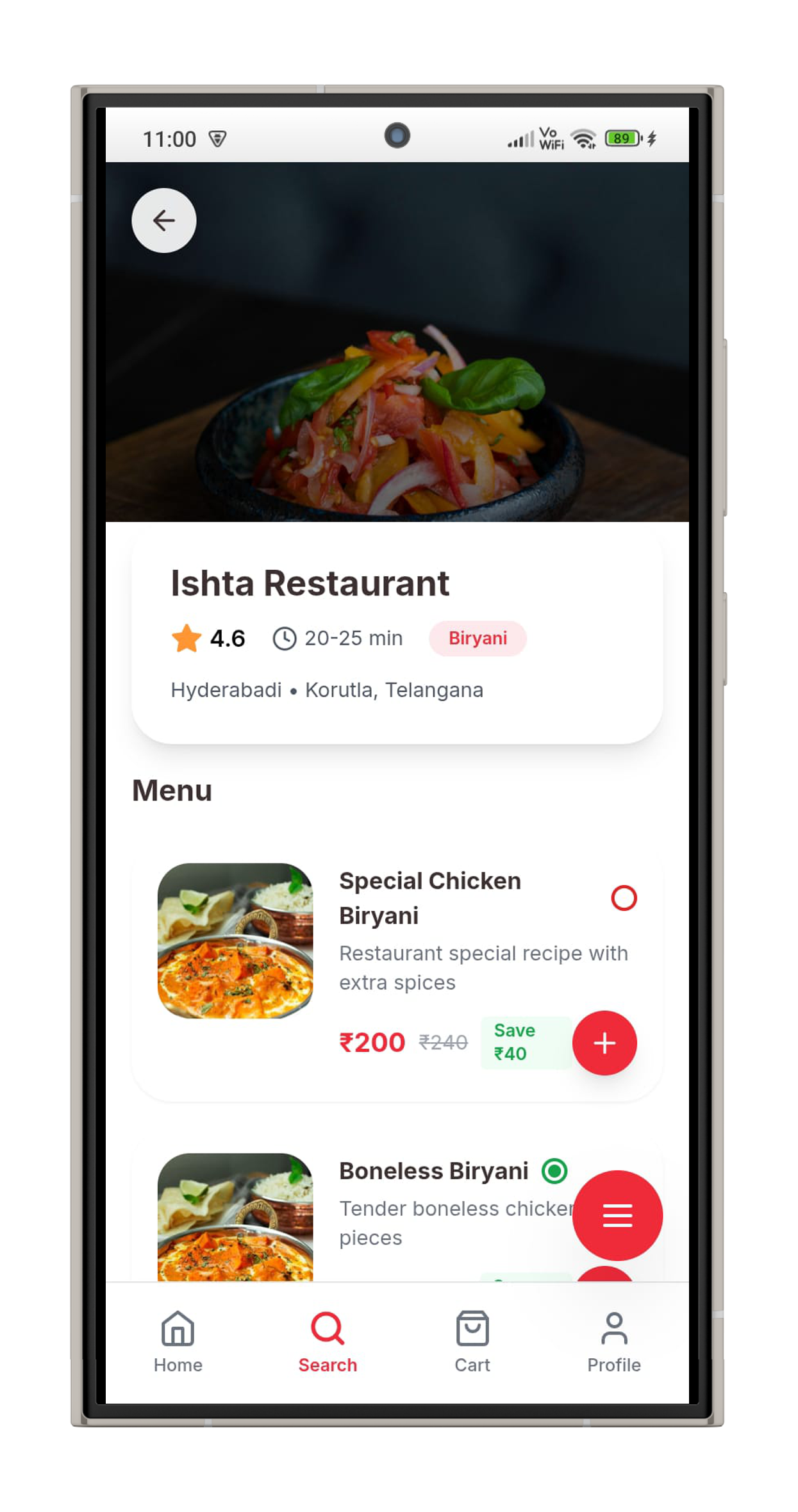 ZipKaro Korutla Food Delivery App Menu Screen - View Dishes
